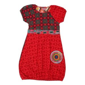 Desigual Girls Red Graphic Dress w/Bubble Hem & Cap Sleeves - Size 7/8!
